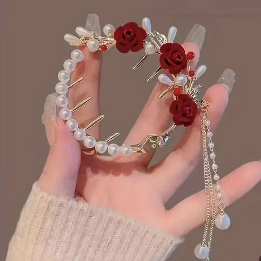 Elegant Red Rose and Faux Pearl Ponytail Clip